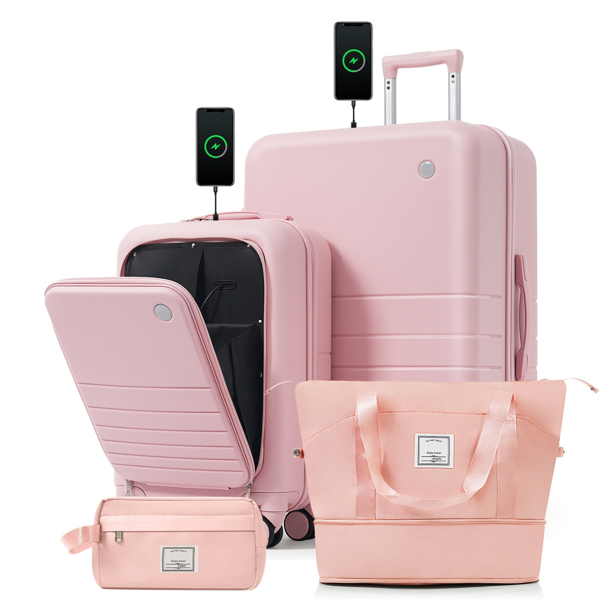 4-Piece Luggage Set with USB Charging Ports - 20in Carry-On (Front-Opening for Laptop) 28in Checked Suitcase with TSA Lock Travel Duffel Bag Wet-Dry Toiletry Bag, pink