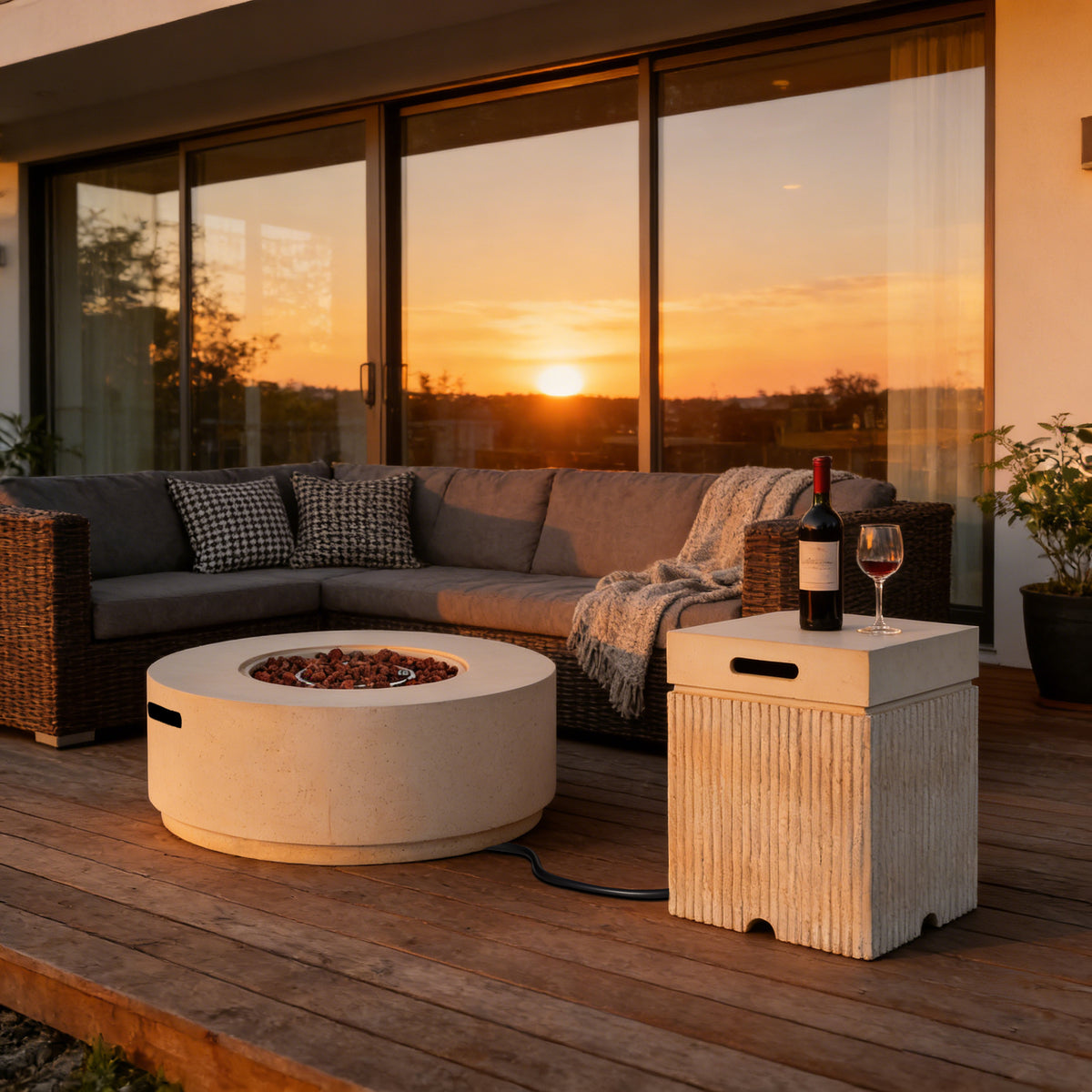 U_STYLE Outdoor Combo Set - 38.2' Round 50000 BTU MGO Propane Fire Pit & 15.75'' MGO 20lb Gas Tank Cover Side Table, Faux Stone Fire Pit with Steel Burner, Lava Rocks & Waterproof Cover for Garden