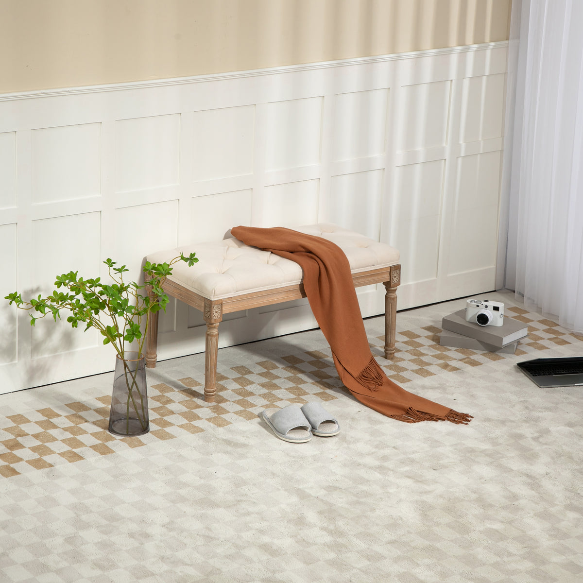 Traditional Rectangle Tufted Ottoman Bench in Beige Linen Look Fabric, For the Living Room and Bedroom