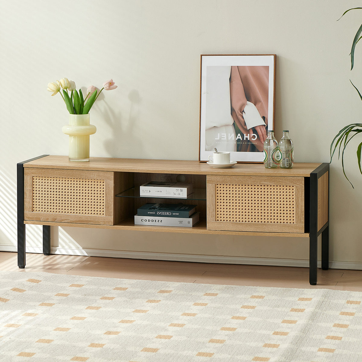 54.33' Rattan TV cabinet with variable color light strip, double sliding doors for storage,  adjustable shelf, metal legs, TV console for living room ,natural