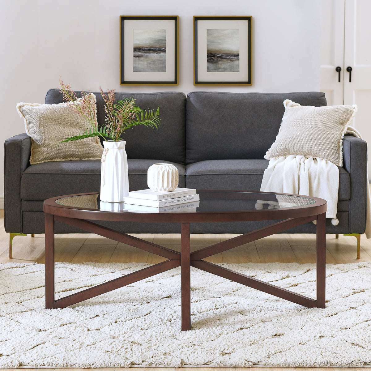 Modern simple glass coffee table, tempered glass coffee table solid wood base round transparent glass top modern living room terrace study coffee table