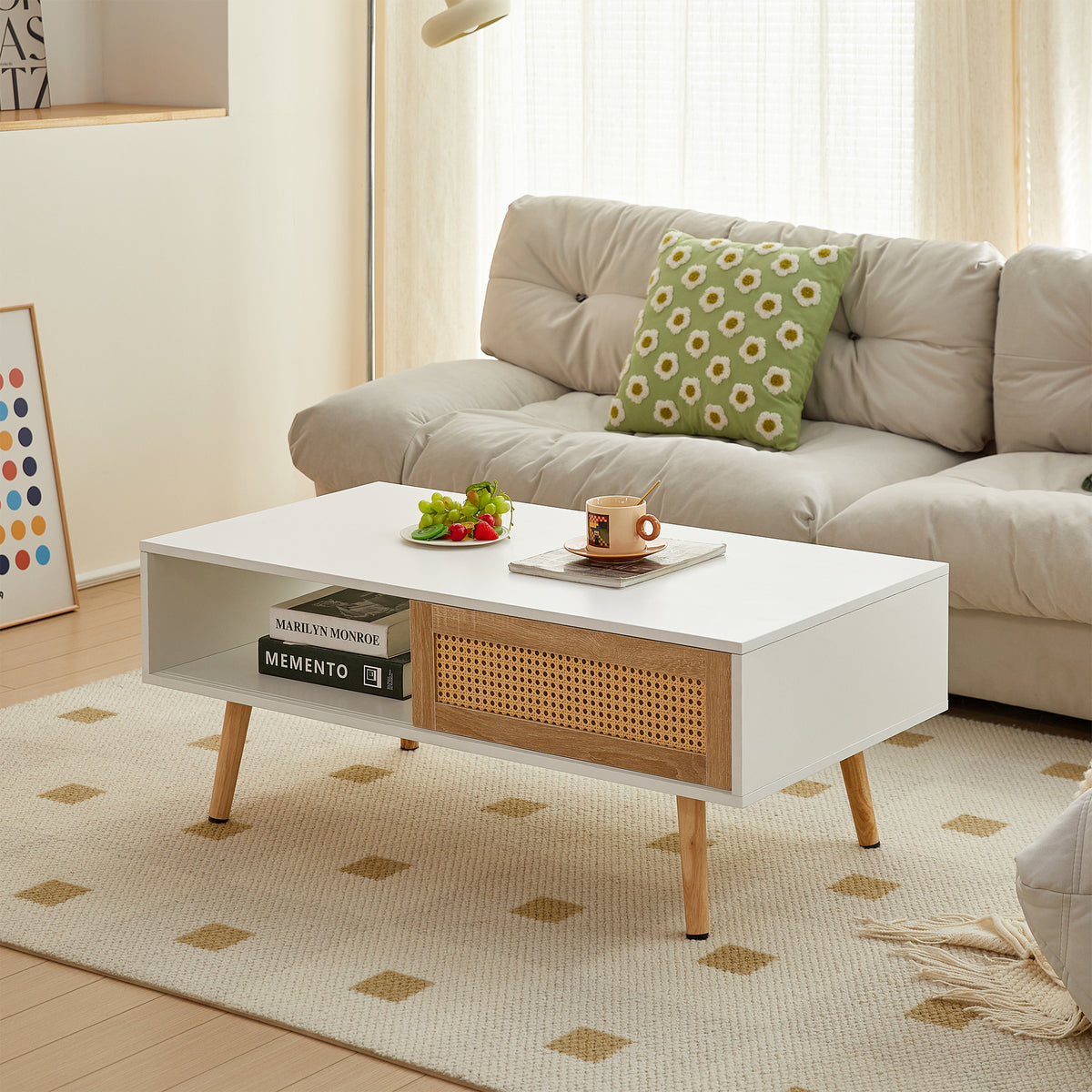 41.34' Rattan Coffee table, sliding door for storage, solid wood legs, Modern table  for living room ,White