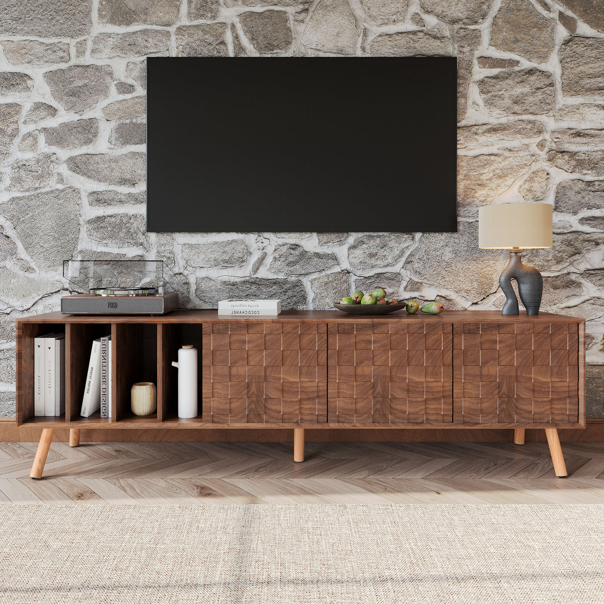 70' Mid-Century Modern TV Stand, Media Console Table for TVs up to 80'', Entertainment Center with 5 Solid Wood Legs for Living Room, Bedroom