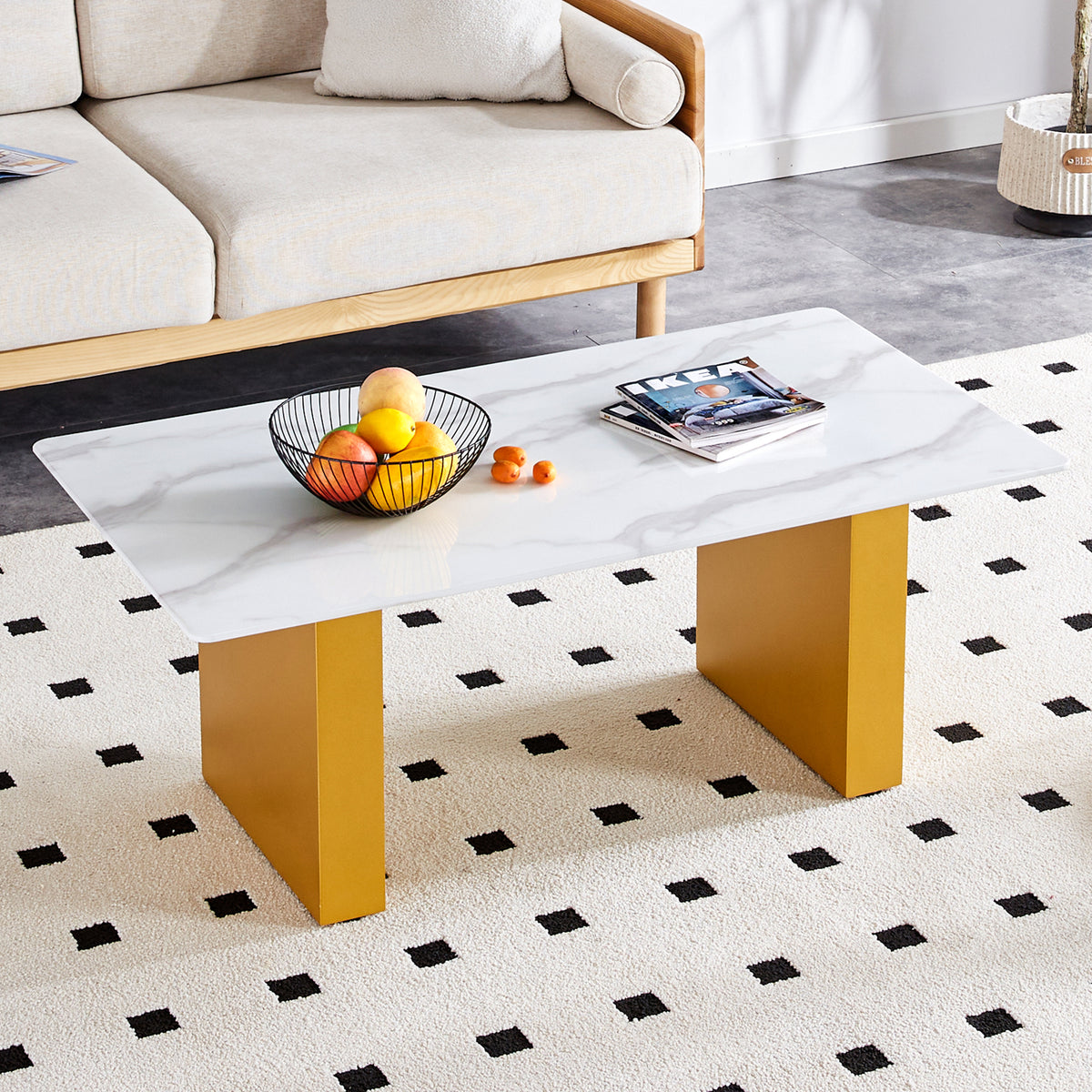 Modern minimalist Tempered glass with sticker desktop coffee table and dining table, paired with golden MDF decorative columns. Computer desk. Game table.Tempered Glass Top With White Texture sticker.