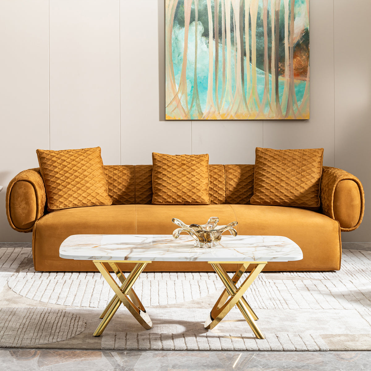 Gold stainless steel marble pattern coffee table 50.78' L x 27.16' W x 18.11' H for living room & office
