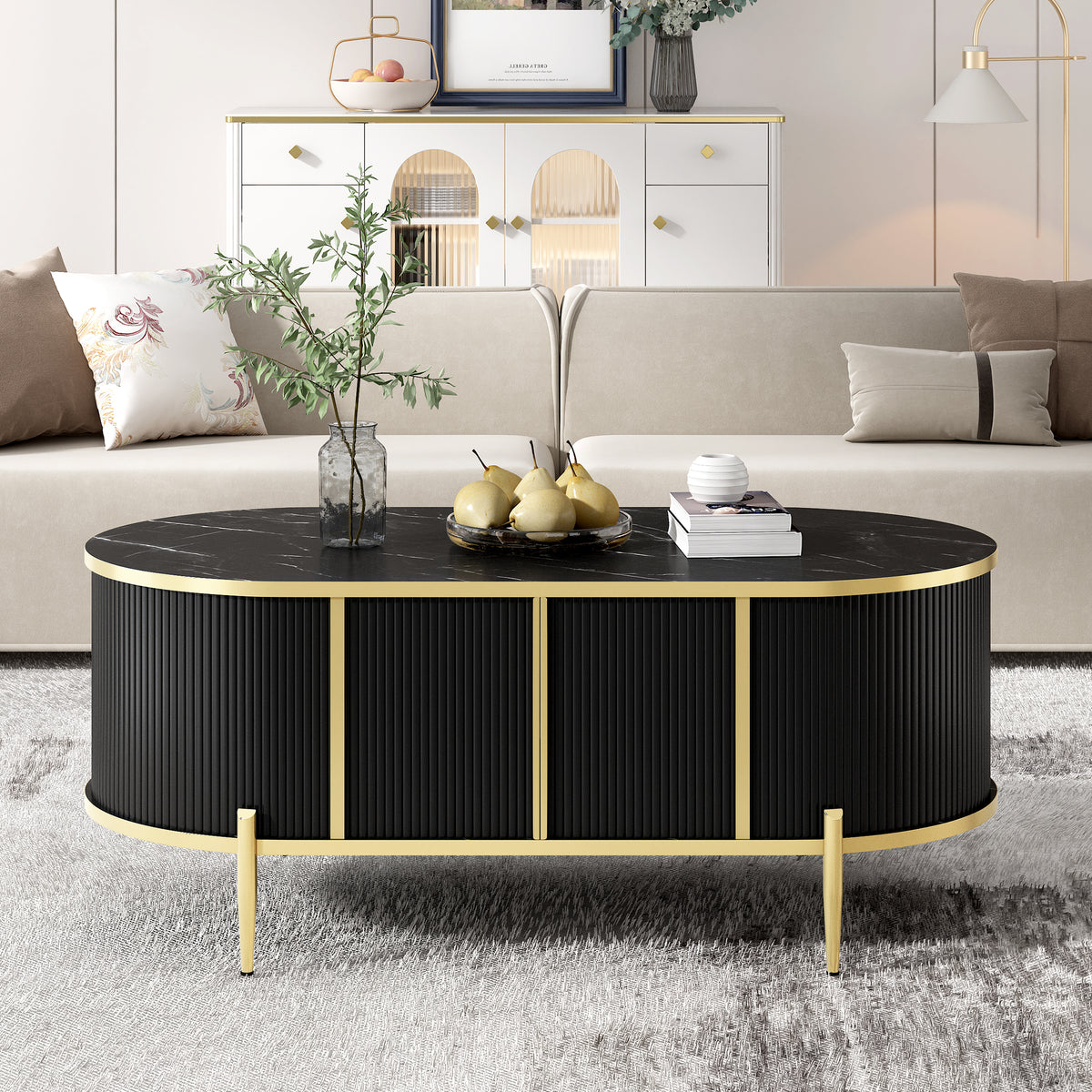 U-Can Modern Luxury Oval shaped Fluted Coffee Table, Marble-patterned Top Coffee Table with 2 Cabinets, Metal Legs and Handles for Living Room, Black