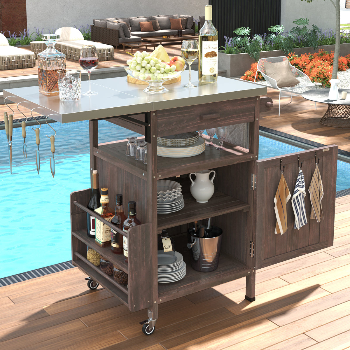 K&K 40.5' Outdoor Grill Cart with Stainless Steel Top, Solid Wood Outdoor Storage Cabinet with Drop Leaf, One Drawer, Towel Rack, Rolling Kitchen Cart with Lockable Wheels for Lawn Garden, Brown
