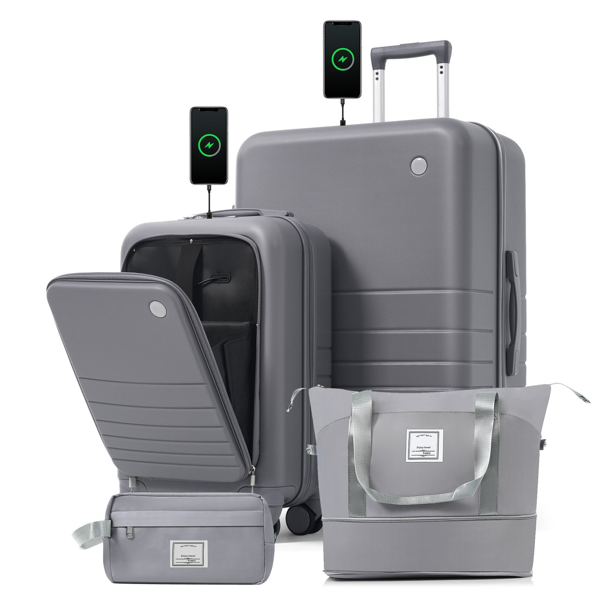 4-Piece Luggage Set with USB Charging Ports - 20in Carry-On (Front-Opening for Laptop) 28in Checked Suitcase with TSA Lock Travel Duffel Bag Wet-Dry Toiletry Bag, grey