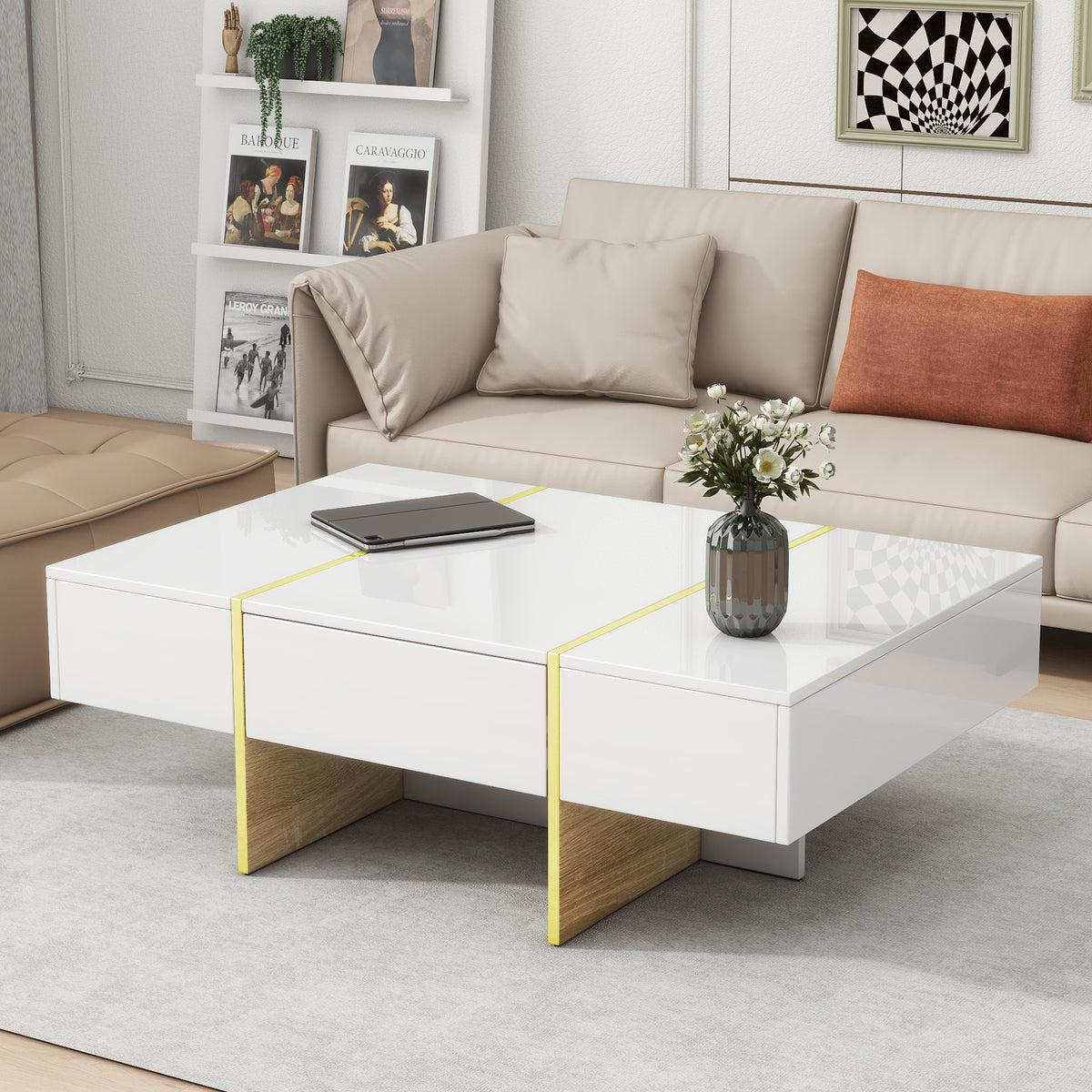 ON-TREND 47.2'' x 31.4''Minimalist High Gloss Coffee Table with 2 Drawers, Multi-Storage Rectangle Sofa Table with Golden Wood Grain Legs, Modern Center Table for Living Room, White