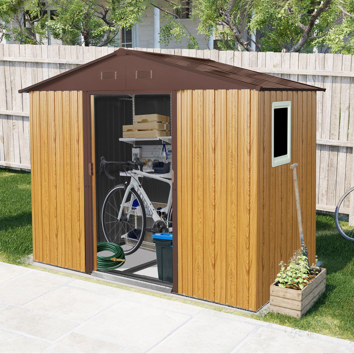 8 ft x 4 ft Outdoor Metal Storage Shed with Window and Metal Foundation for Backyard, Patio, Lawn (Coffee)(Upgraded version:W540S00086)