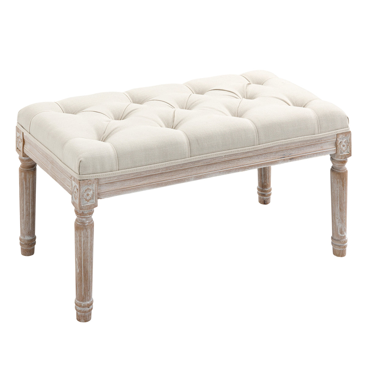 HOMCOM 32' Vintage Ottoman, Tufted Foot Stool with Upholstered Seat, Rustic Wood Legs for Bedroom, Living Room, Beige