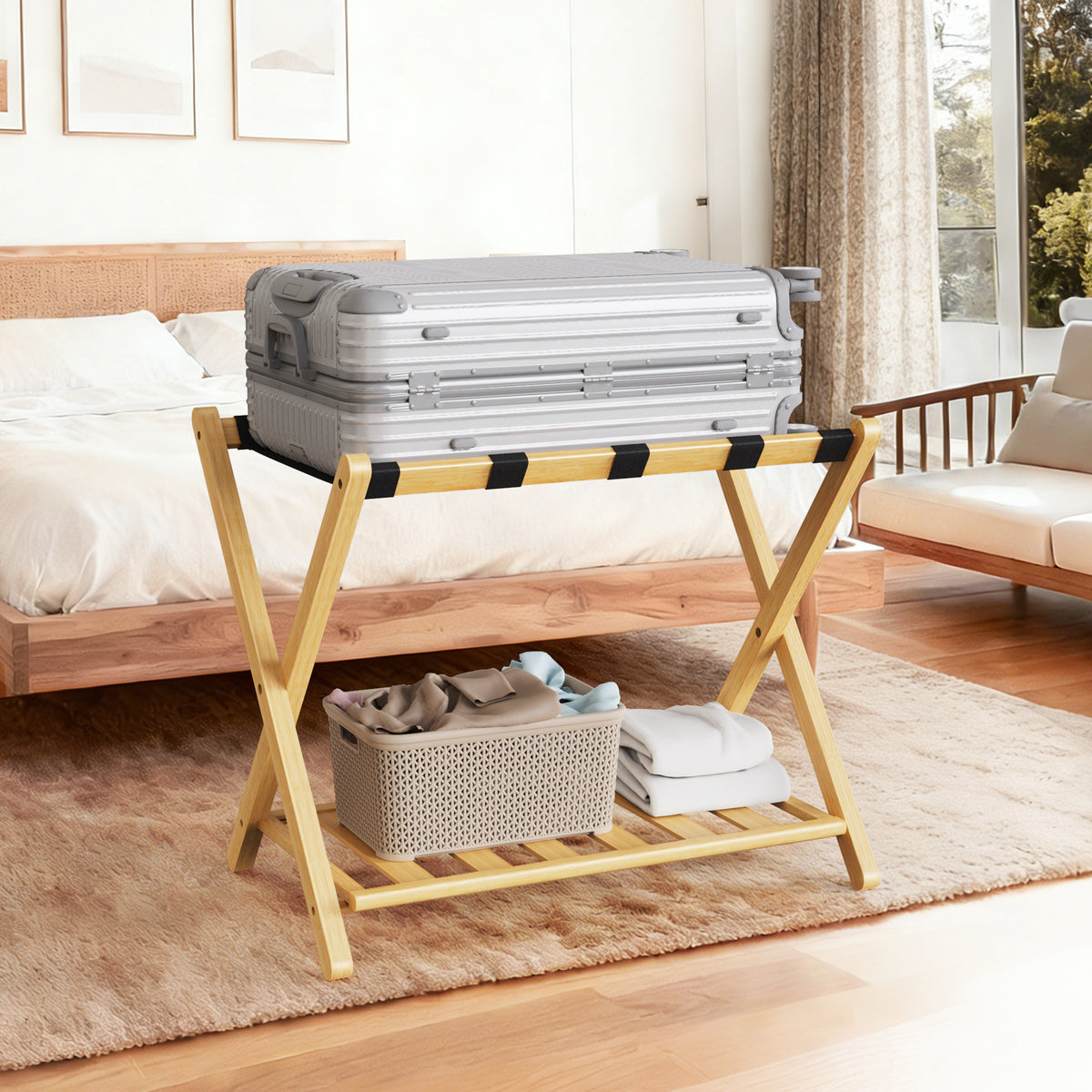 Folding Bamboo Luggage Rack 29×28×3 Inch, Foldable Suitcase Stand with Lower Storage Shelf, Guest Room Luggage Holder for Hotel & Bedroom 2pcs.
