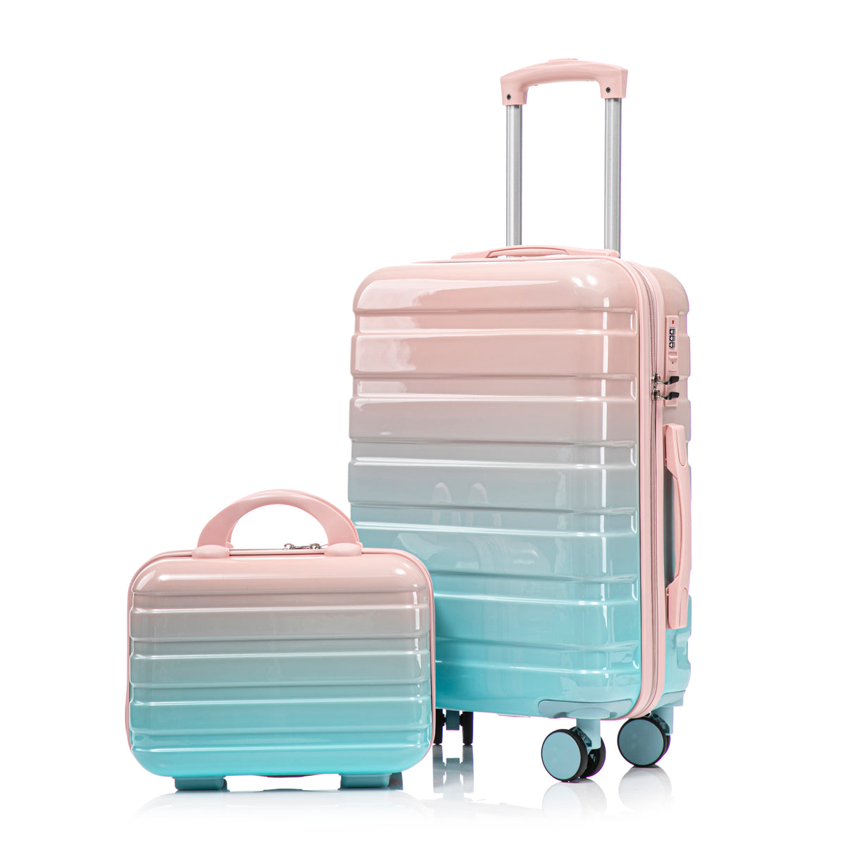 Blue+Pink Gradient PC Spinner Luggage Set 14'+20', with Combination Lock and Cosmetic Case