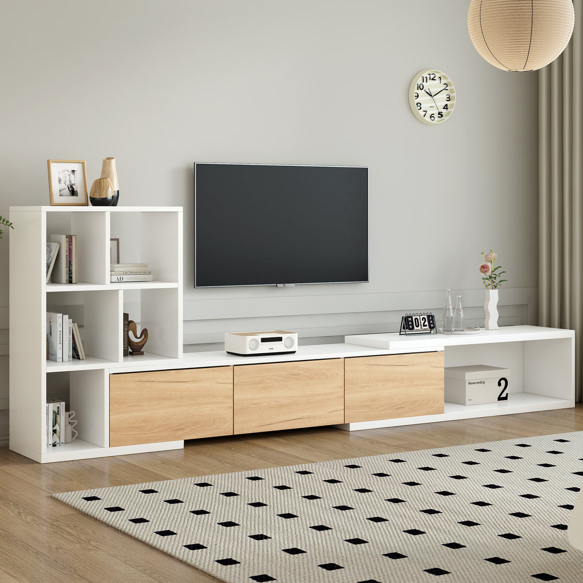 ON-TREND 74.8''-126'' Extendable TV Stand with 3 Tier Bookshelves for TVs up to 110'', Adjustable Entertainment Center with Storage Cabinets, Sliding Tabletop Media Console for Living Room, White