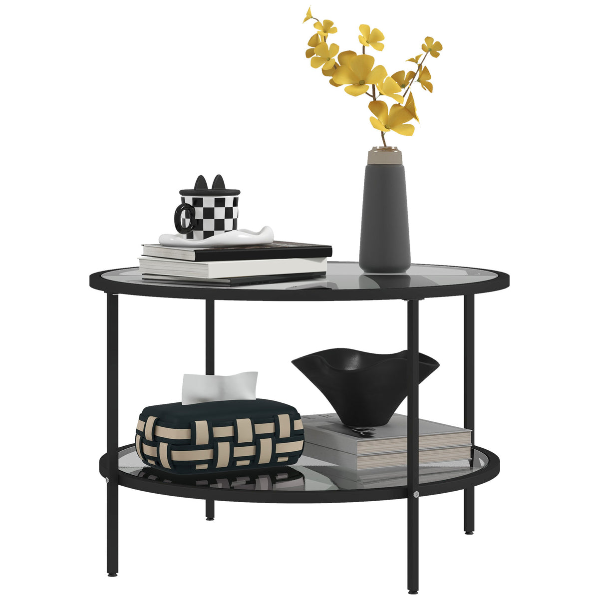 HOMCOM Side Table with Storage, 26' Round End Table, 2-Tier Tempered Glass Coffee Table with Steel Frame for Living Room, Black