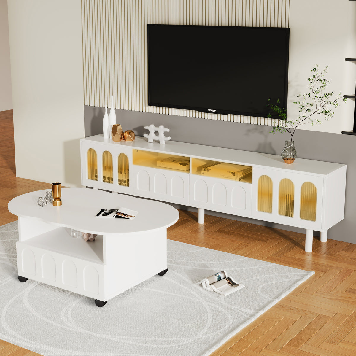 ON-TREND Cream Style TV Stand and Coffee Table Set of 2,  LED Light Strip TV Stand for TVs Up to 80'', Cloud Top Coffee Table with 2 Brake Wheels for Living Room, White