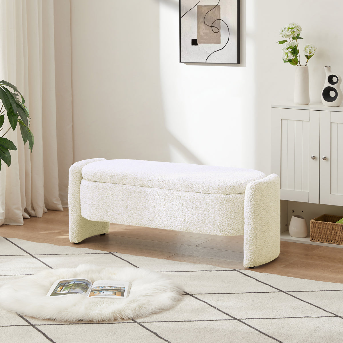 Ottoman Oval Storage Bench 3D Lamb Fleece Fabric  Bench with Large Storage Space for the Living Room, Entryway and Bedroom,cream white