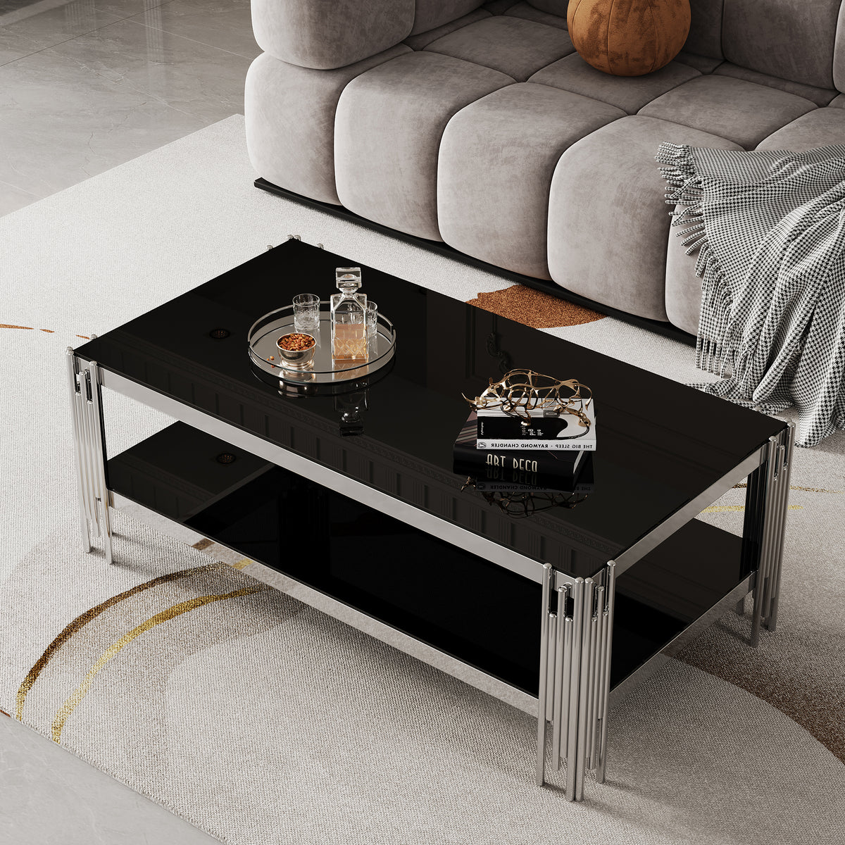 Top and Bottom Double Layer Tempered Glass Coffee Table and Mirror Finished Stainless Steel Frame