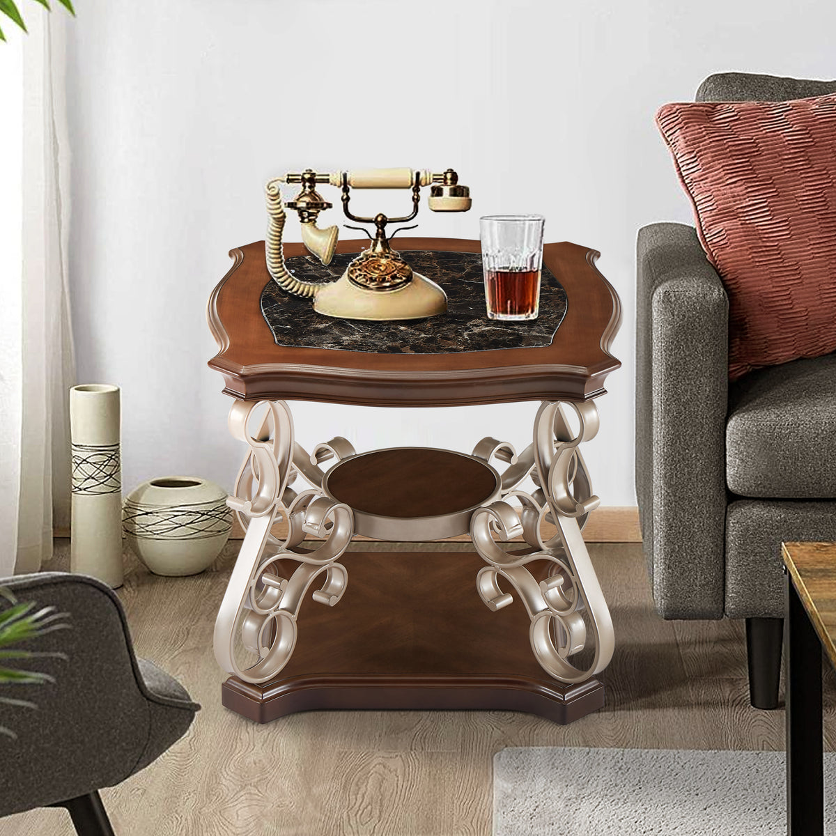 End table, marble paper top,  MDF with brich middle shelf, powder coat finish metal legs. (26.2'Lx26.2'Wx24'H)