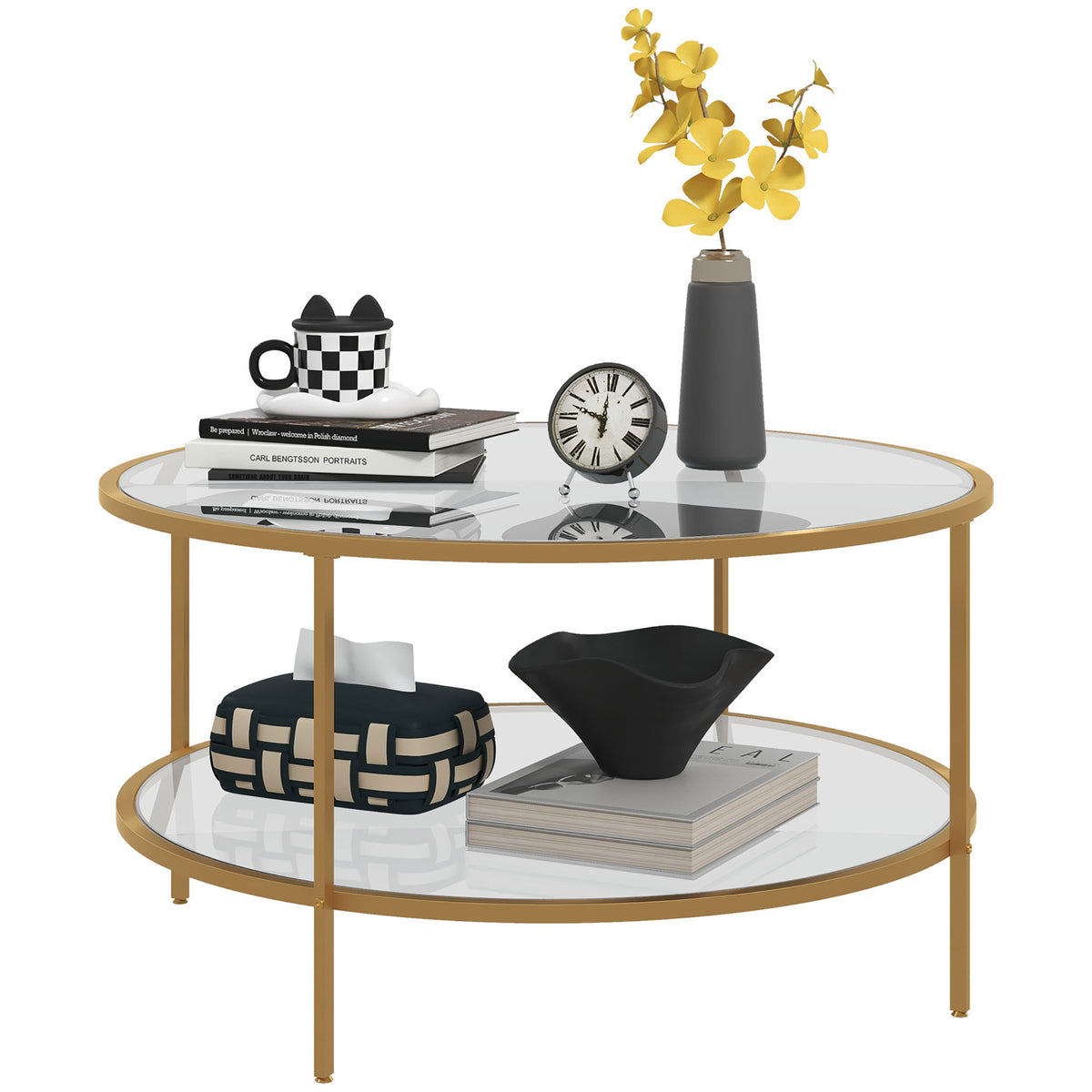 HOMCOM Side Table with Storage, 32' Round End Table, 2-Tier Tempered Glass Coffee Table with Steel Frame for Living Room, Gold