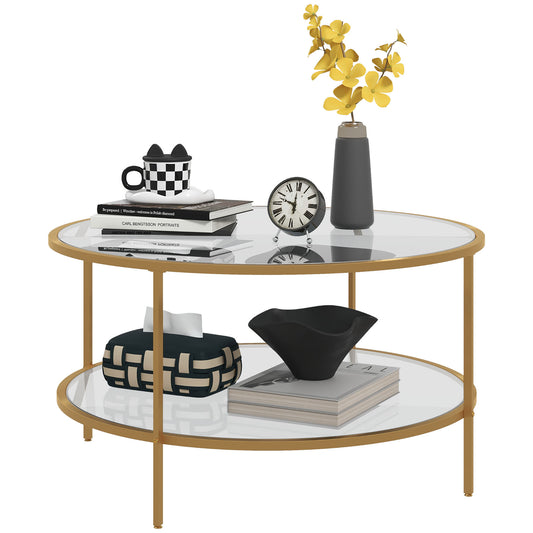 HOMCOM Side Table with Storage, 32' Round End Table, 2-Tier Tempered Glass Coffee Table with Steel Frame for Living Room, Gold