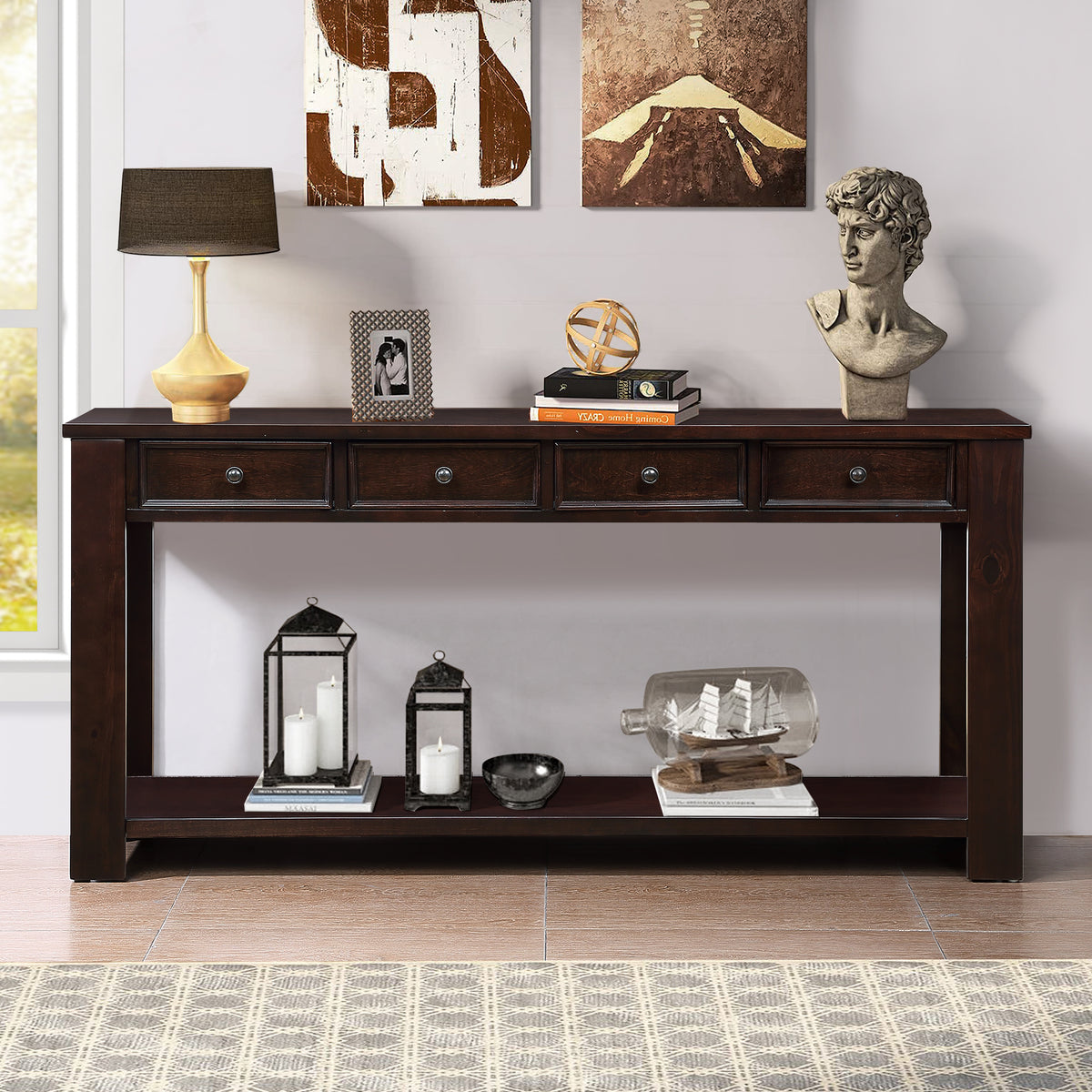 63' Pine Wood Console Table with 4 Drawers and 1 Bottom Shelf for Entryway Hallway Easy Assembly 63 inch Long Sofa Table  Light Espresso