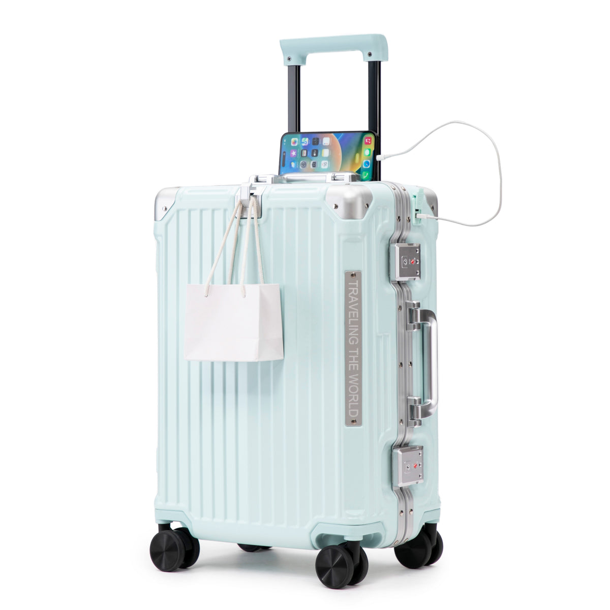 20 Inch Carry On Luggage, Aluminum Frame ABS Hard Shell Suitcase with USB Charging Port, Foldable Cup Holder, Hooks & Slow Rebound Handle, 360° Spinner Wheels Travel Trolley (Blue)