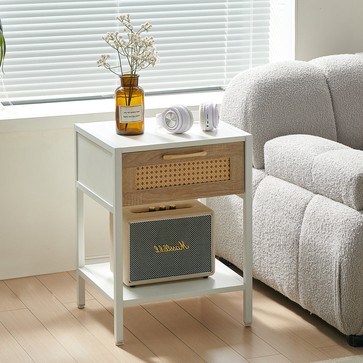 15.74' Rattan End table with  drawer, Modern nightstand, metal legs,side table for living room, bedroom,white(1 pc)