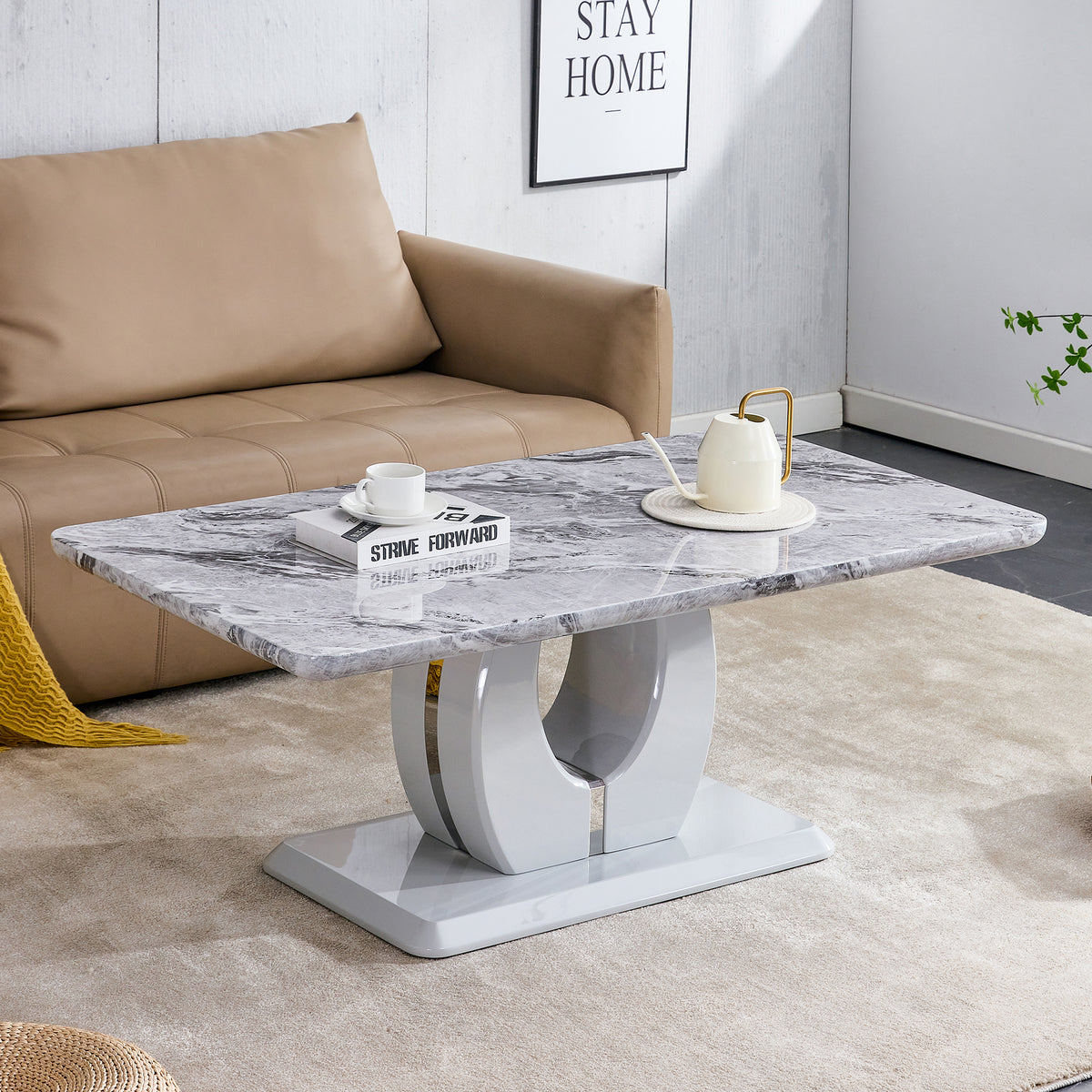 Modern luxury imitation marble light gray tea table,coffee table, paired with silver stainless steel decorative strips.  Computer desk. Game table. CT-1280