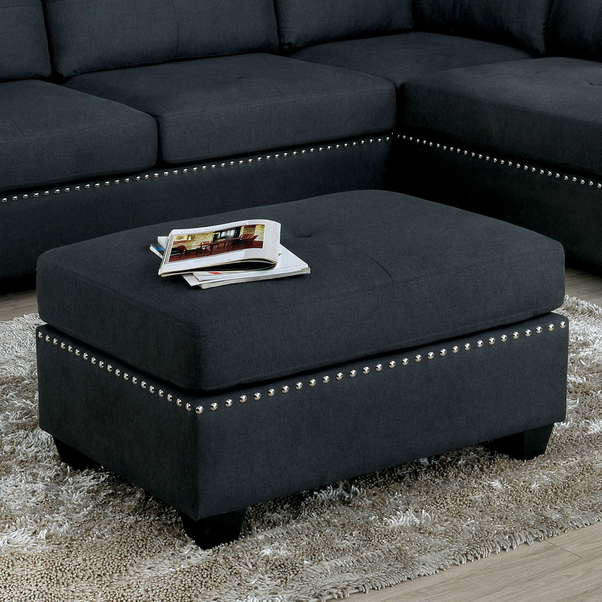 Dark Gray Linen Like Fabric 1pc Ottoman Nail head Trim Box Cushion Tufted Seat Living Room Wooden Ottoman