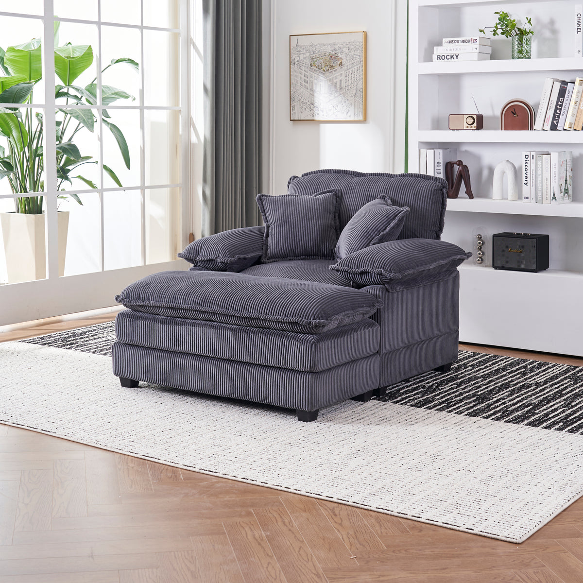 56.3 Inch Corduroy single sofa With  2 toss pillows and a ottoman ,Comfy Sofa- Deep Seat Couch for Living Room