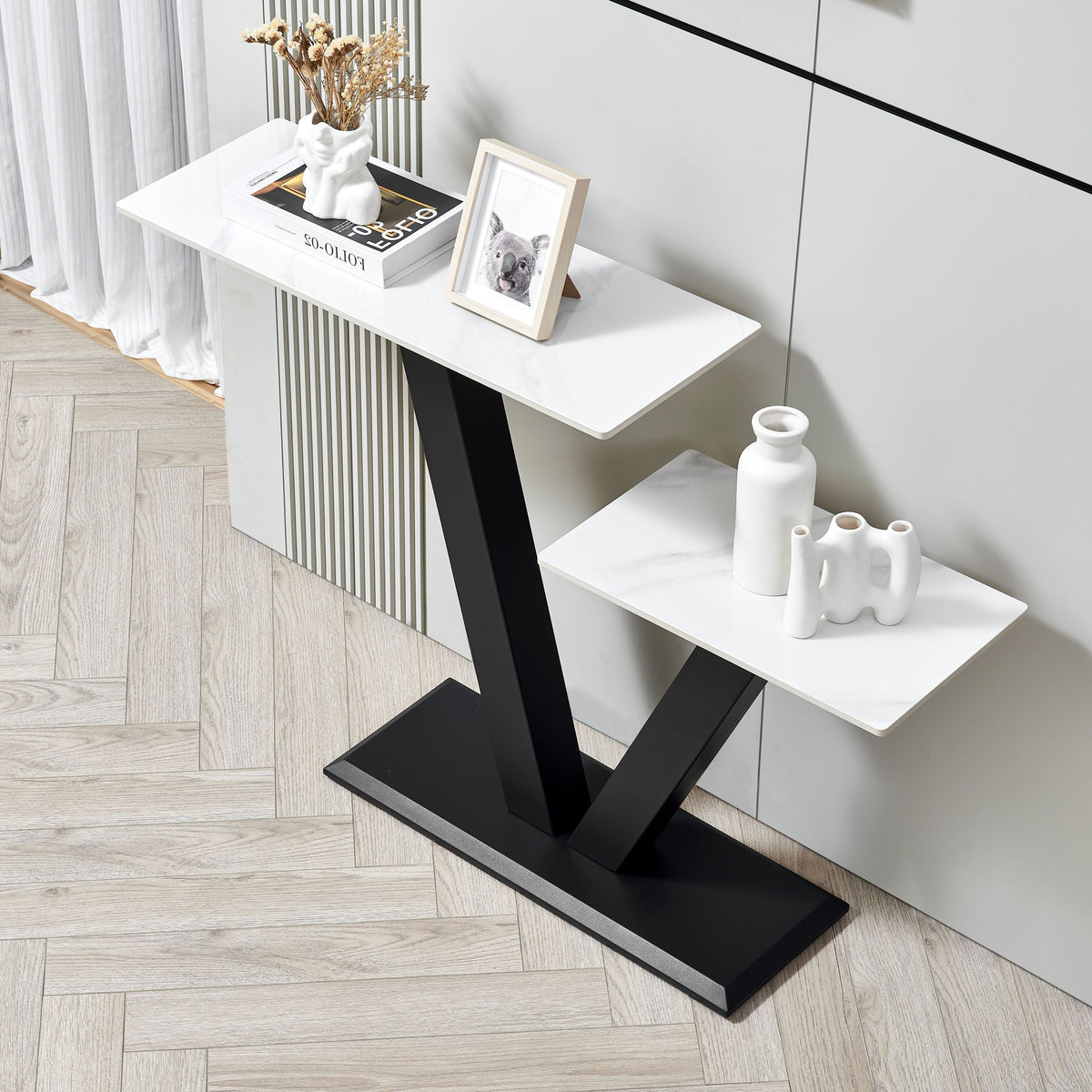 47.2'Modern Console Table, Exquisite shape design, Metal Frame with Adjustable foot pads for Entrance, Corridor, Living room & Office.(Black)