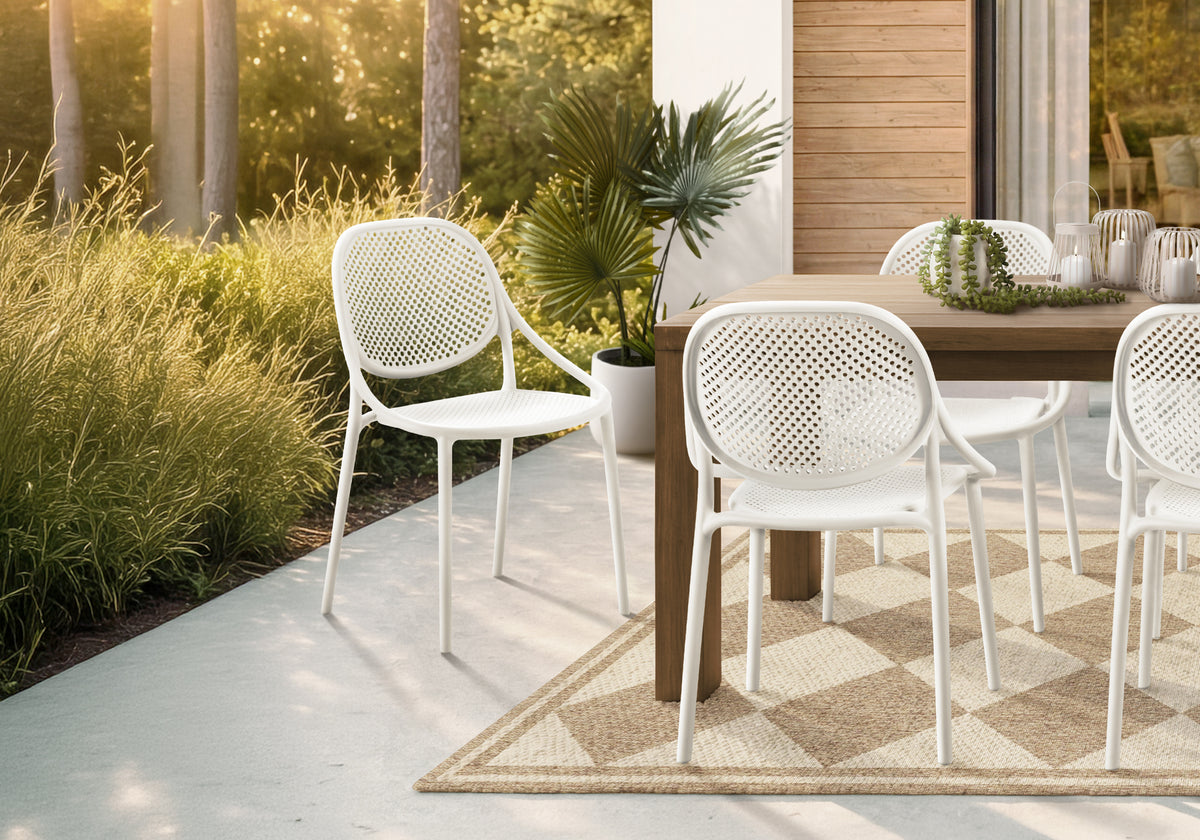 Outdoor Chair, 32'h, Stacking Dining Armchair, Patio Chairs, Set Of 4, White, Contemporary, Modern