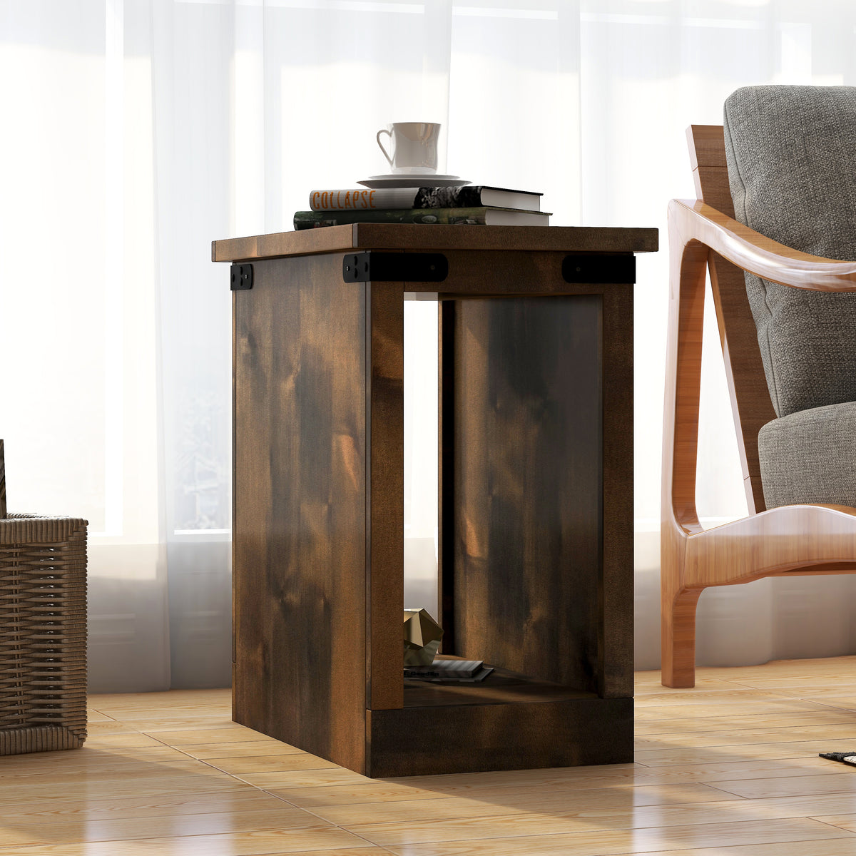 14 inch Chairside Table, No Assembly Required, Barnwood Finish