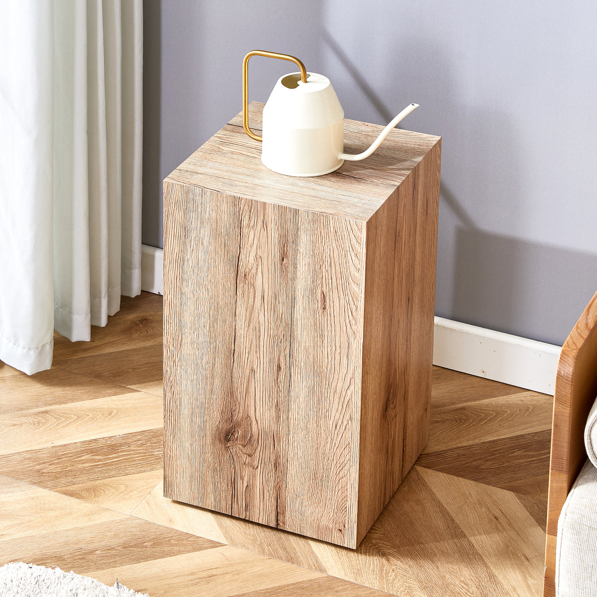 Elevate your living space with this modern MDF coffee table that showcases smooth, light wood color texture patterns. It is characterized by stylish design.11.8*11.8*19.6 inch.