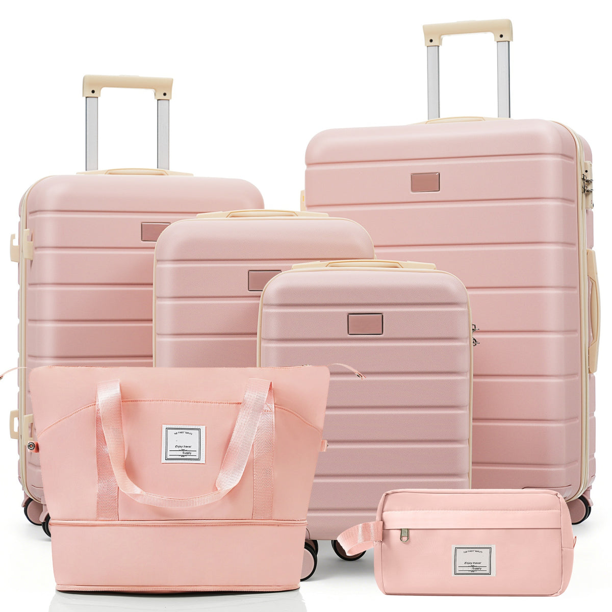 Max 6-Piece Hardside Luggage Set with TSA Lock, 16/20/24/28 Inch Spinner Suitcase Set with Expandable Travel Duffel Bag & Waterproof Toiletry Kit, Adjustable Handle (
pink)