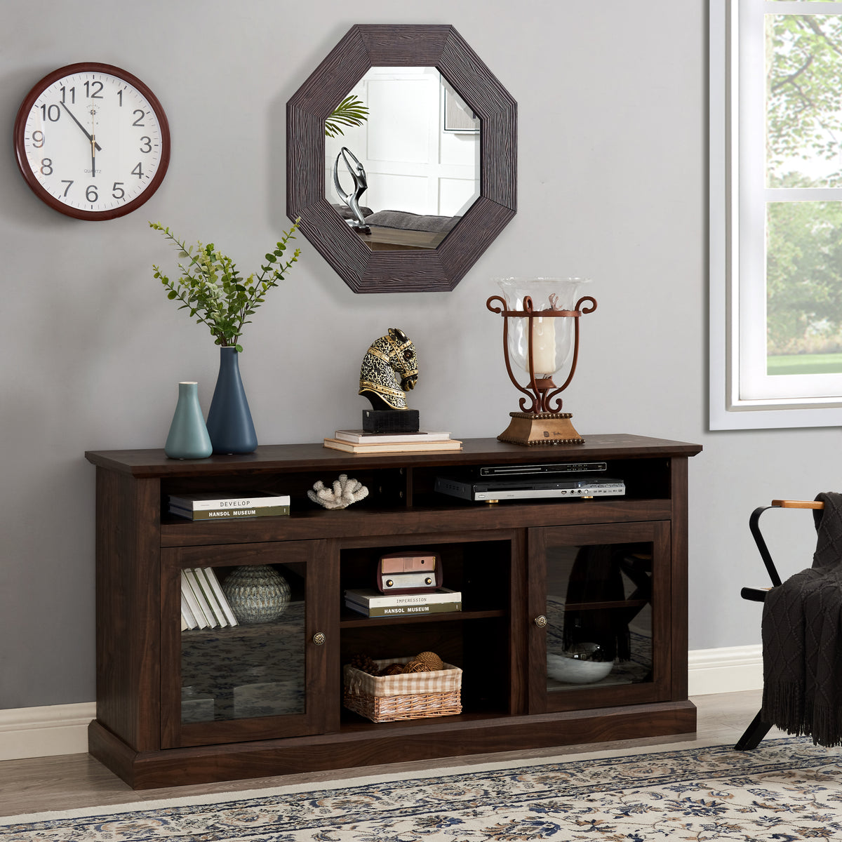 Modern TV Stand for up to 65 Inch TVs, Entertainment Center Farmhouse TV Cabinet Media Console Table with Glass Doors for Living Room, Brown 60'W*15.75'D*29'H