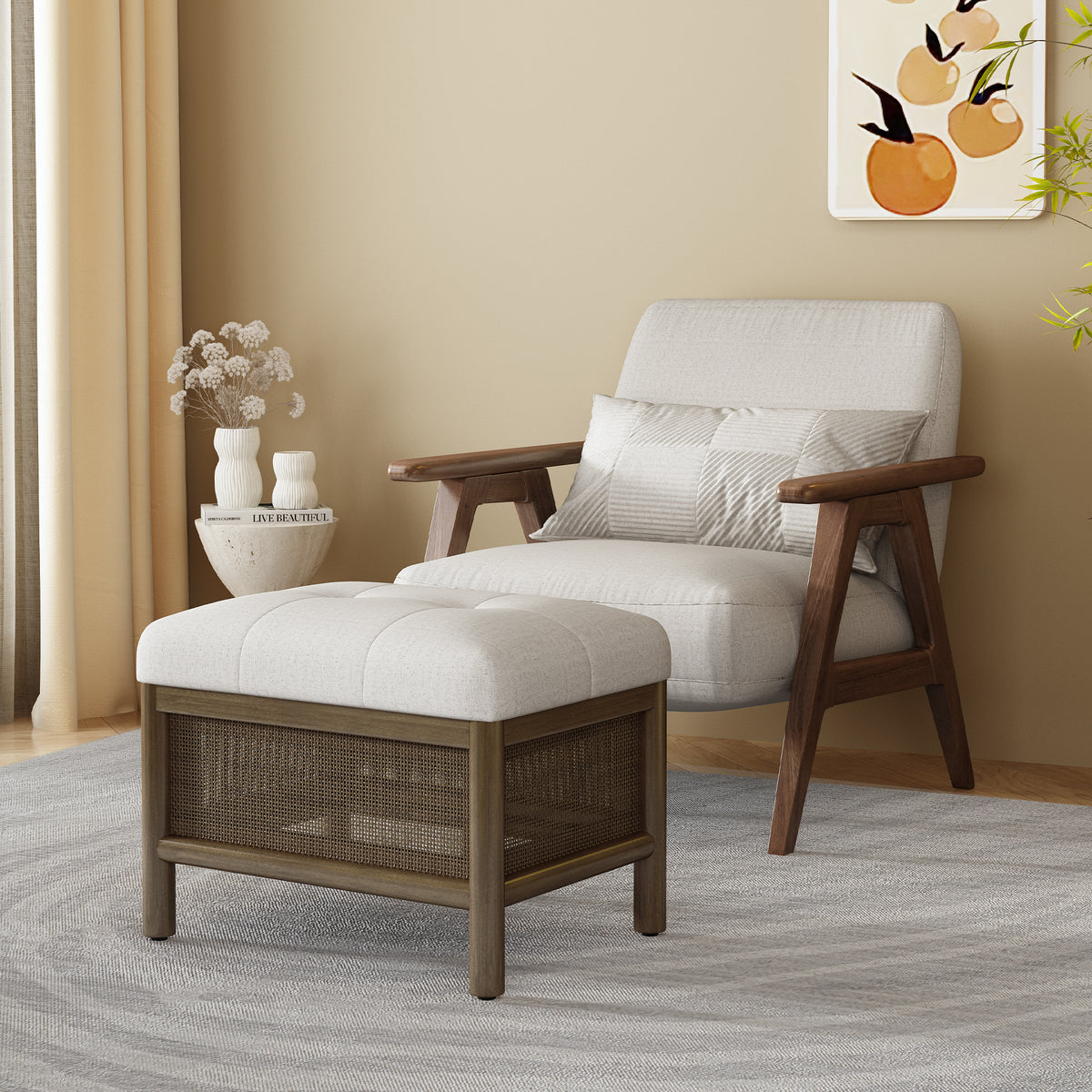 Cane Base Ottoman-Dark Walnut/Cream (21.5'*16'*17')