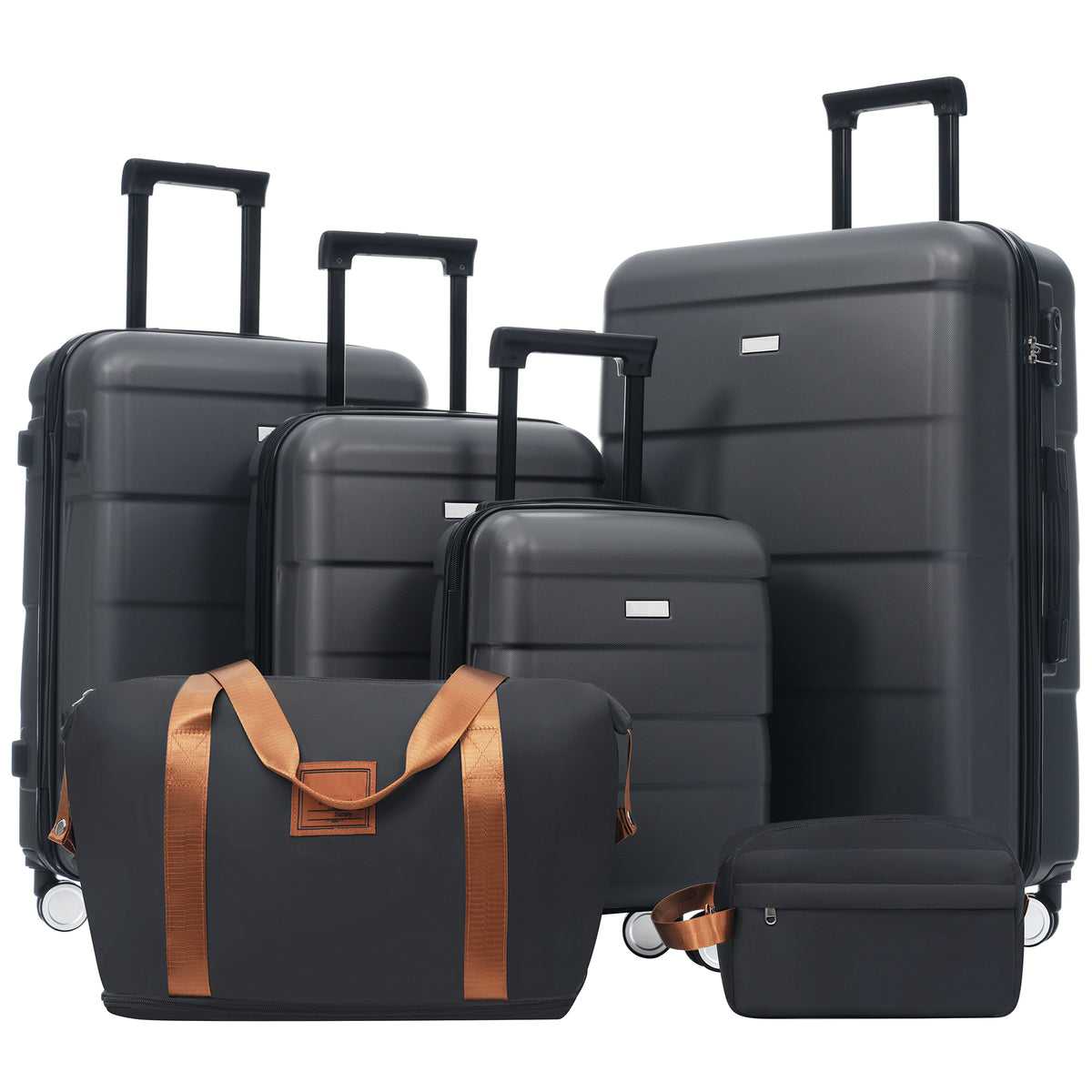 Charcoal Hardshell Luggage Set 6-Piece with Duffel & Toiletry Bag, Lightweight ABS Spinner Suitcases with Digital Lock, 16+20+24+28 Inches