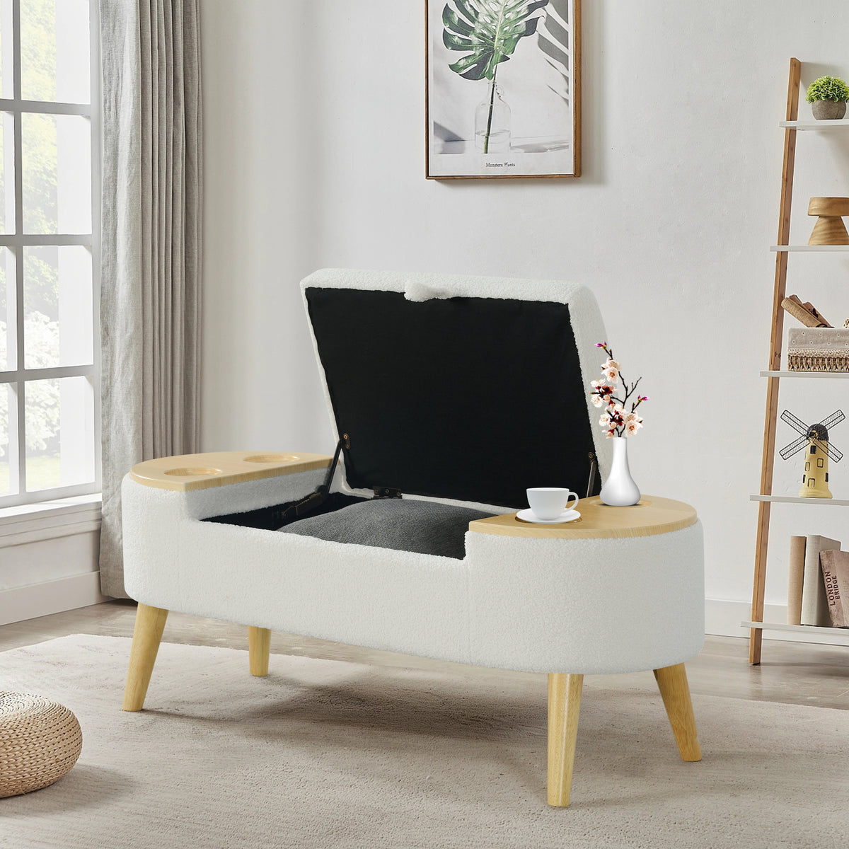 Ottoman Oval Storage bench 3D pile fabric bench with large storage space for living room, entryway and bedroom inoff-white