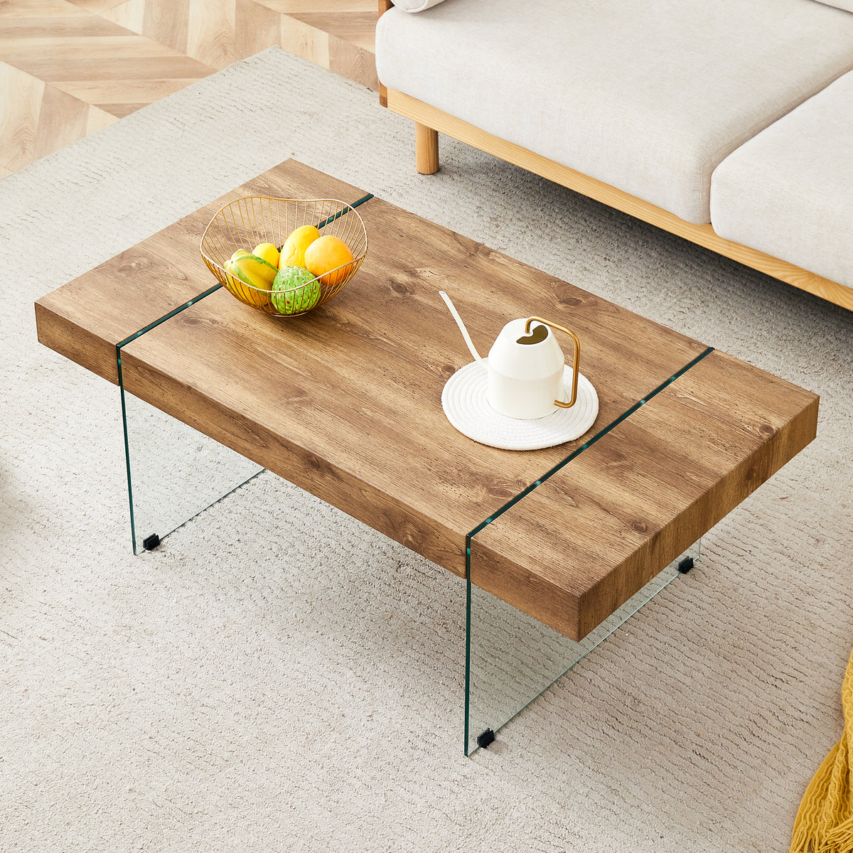43.3'x23.6' Wood colored texture sticker MDF Coffee Table with Tempered glass legs.Suitable for Living Room.It can be used not only as a coffee table but also as a side table or display stand.