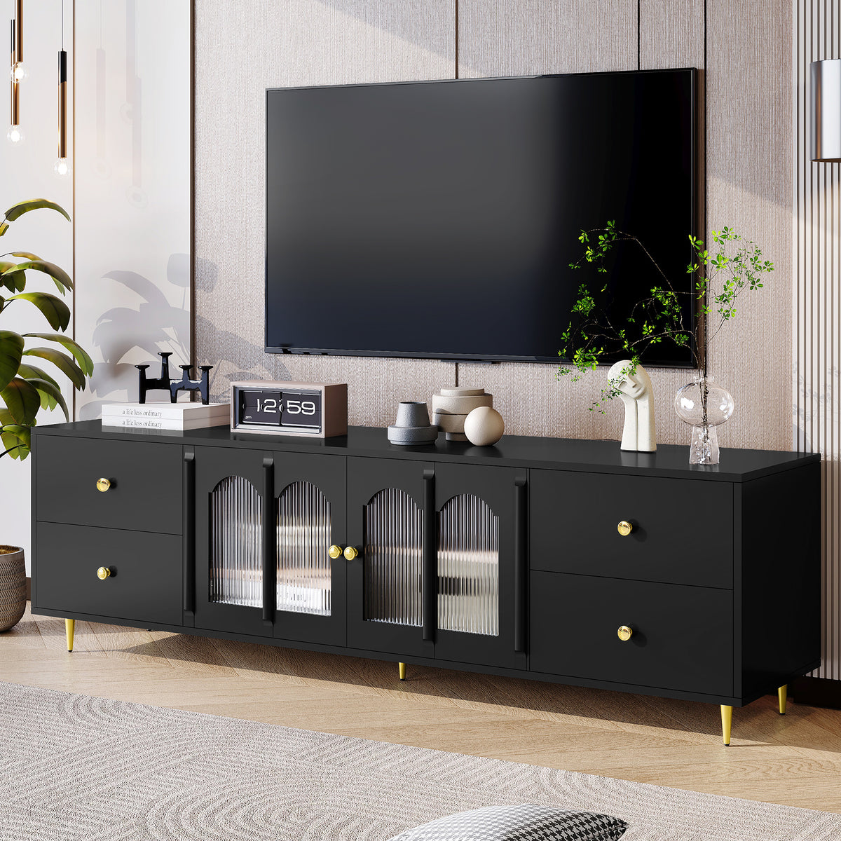 U-Can 70.9'' Modern TV Stand for TVs up to 75 Inches, Entertainment Center with Glass Door, 4 Drawers and 2 Cabinets, Five Metal Legs and Metal Handles for Living room (Date of Expect Arrival: 12/15)