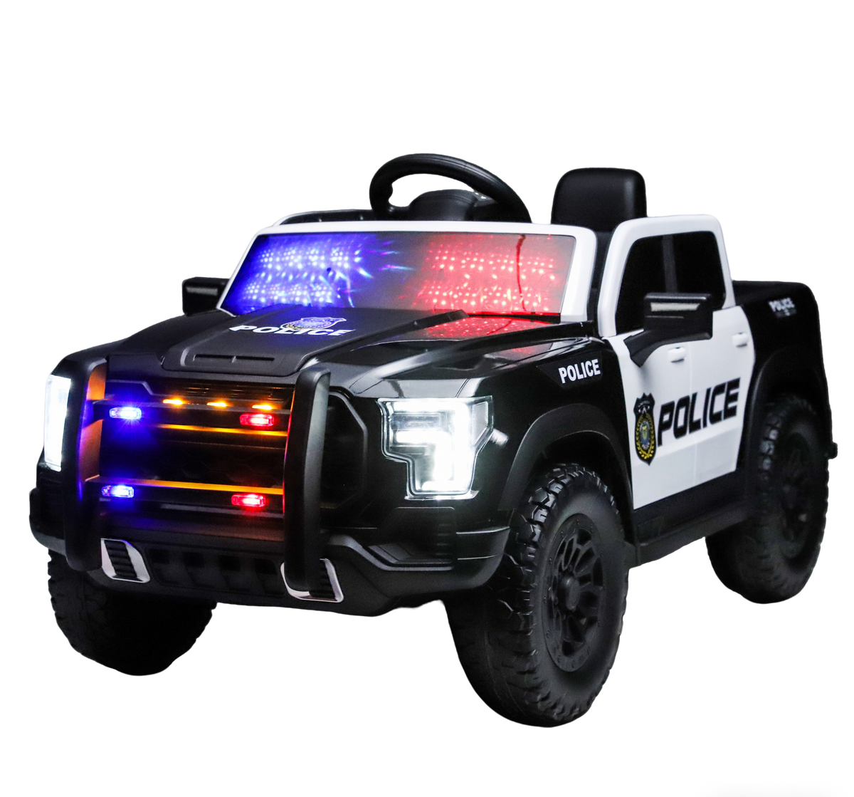 Kids Ride On Police Car, 12V Electric Vehicle with 2.4G Remote Control, Dual Motors, Slow Start, Music, Police Lights, Openable Doors, 4-Wheel Shock Absorption, Black White