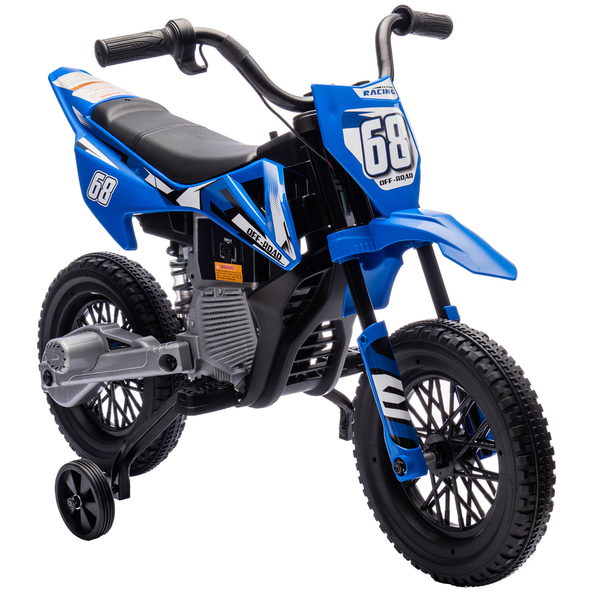 Qaba Kids Dirt Bike with Twist Grip Throttle, 12V Electric Motorcycle, Electric Bike for Toddler with Training Wheels, Rear Suspension & Music, Blue