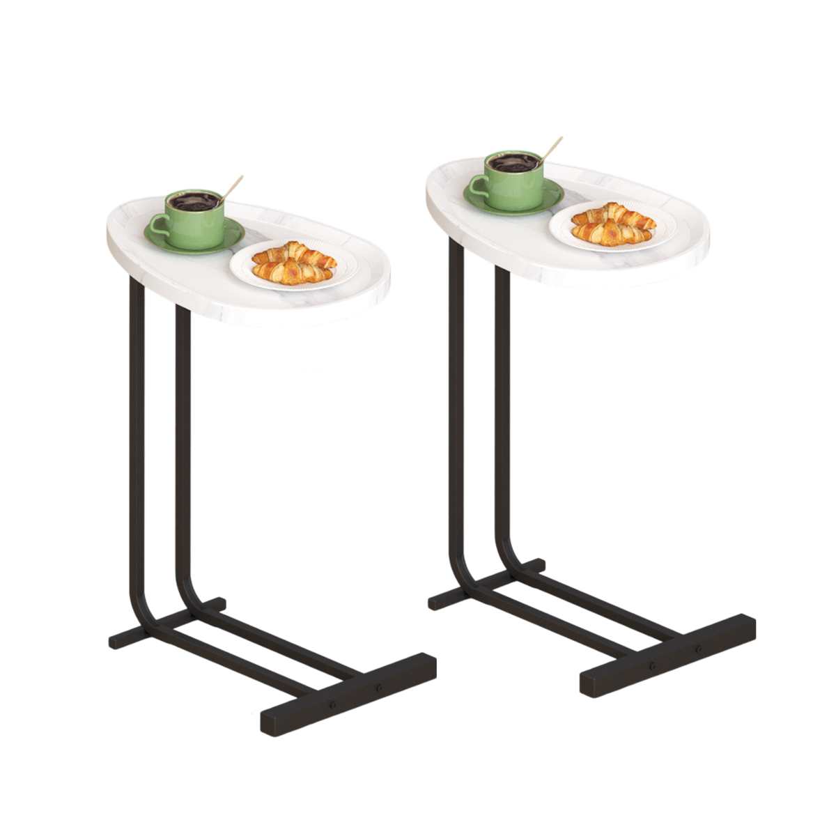 2-pieces C-Shaped Side Table, C Table End Table for Sofa and Bedside, Couch Side Tables, Wood C-Shaped End Table with Metal Frame Slide for Bedroom Living Room (White)