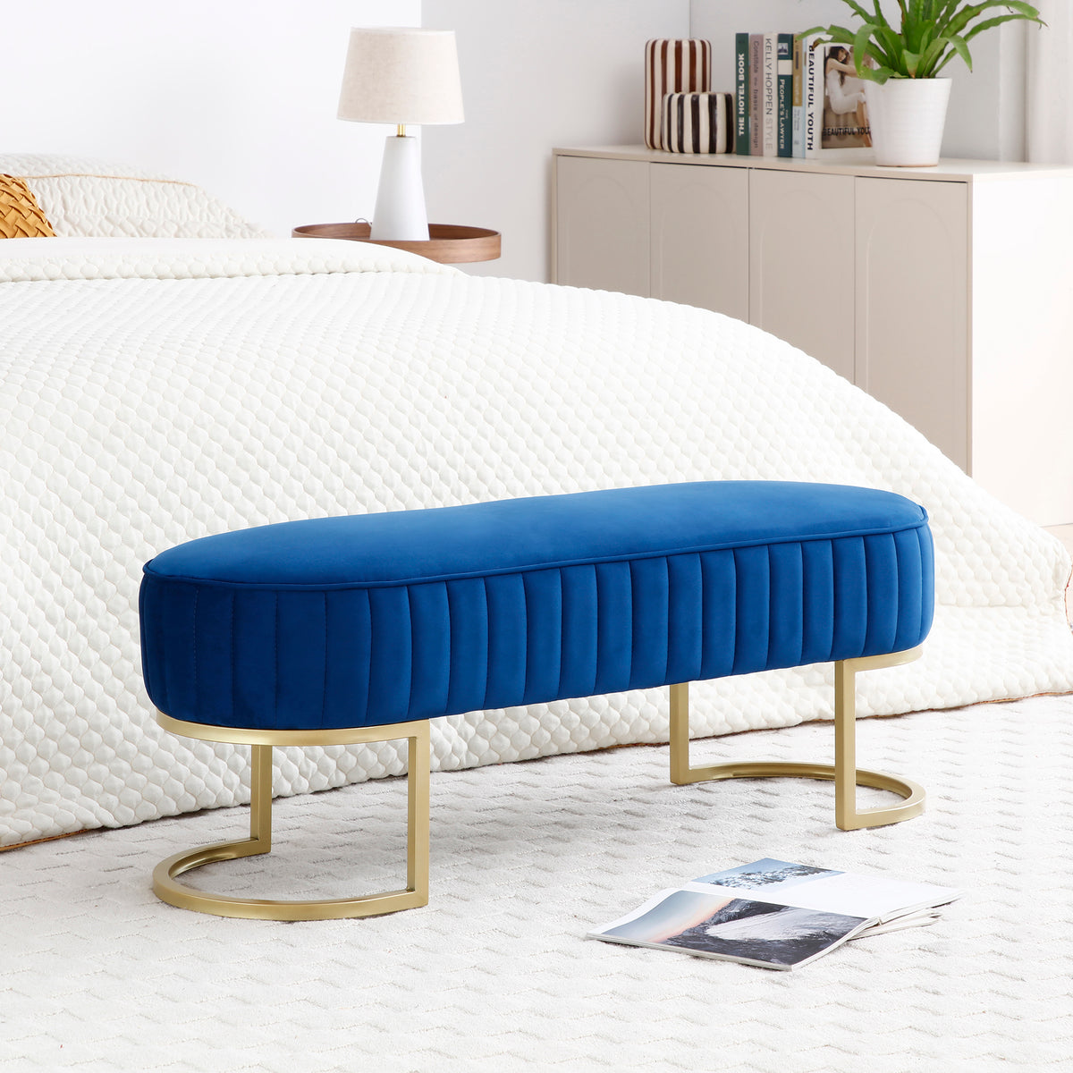 Bench Bedroom Bench ,Velvet Oval Upholstered End of Bed Bench with Golden Metal Legs ,48' Modern Storage Ottoman Bench for BedroomLiving Room,  Entryway Window ,Blue