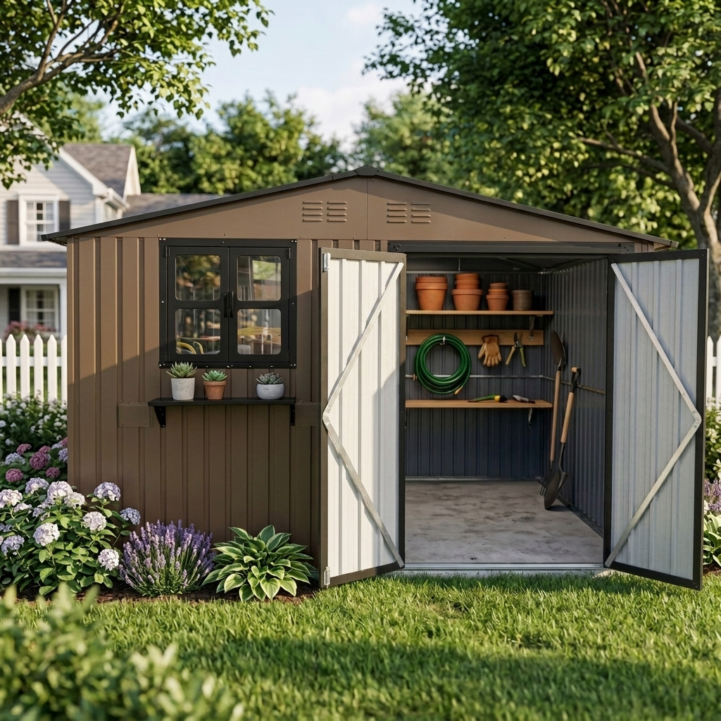 10x8 FT Outdoor Metal Storage Shed with Window & Flower Rack, Lockable Double Doors Tool Shed, Waterproof Weatherproof Garden Shed for Backyard Patio,  Brown Black