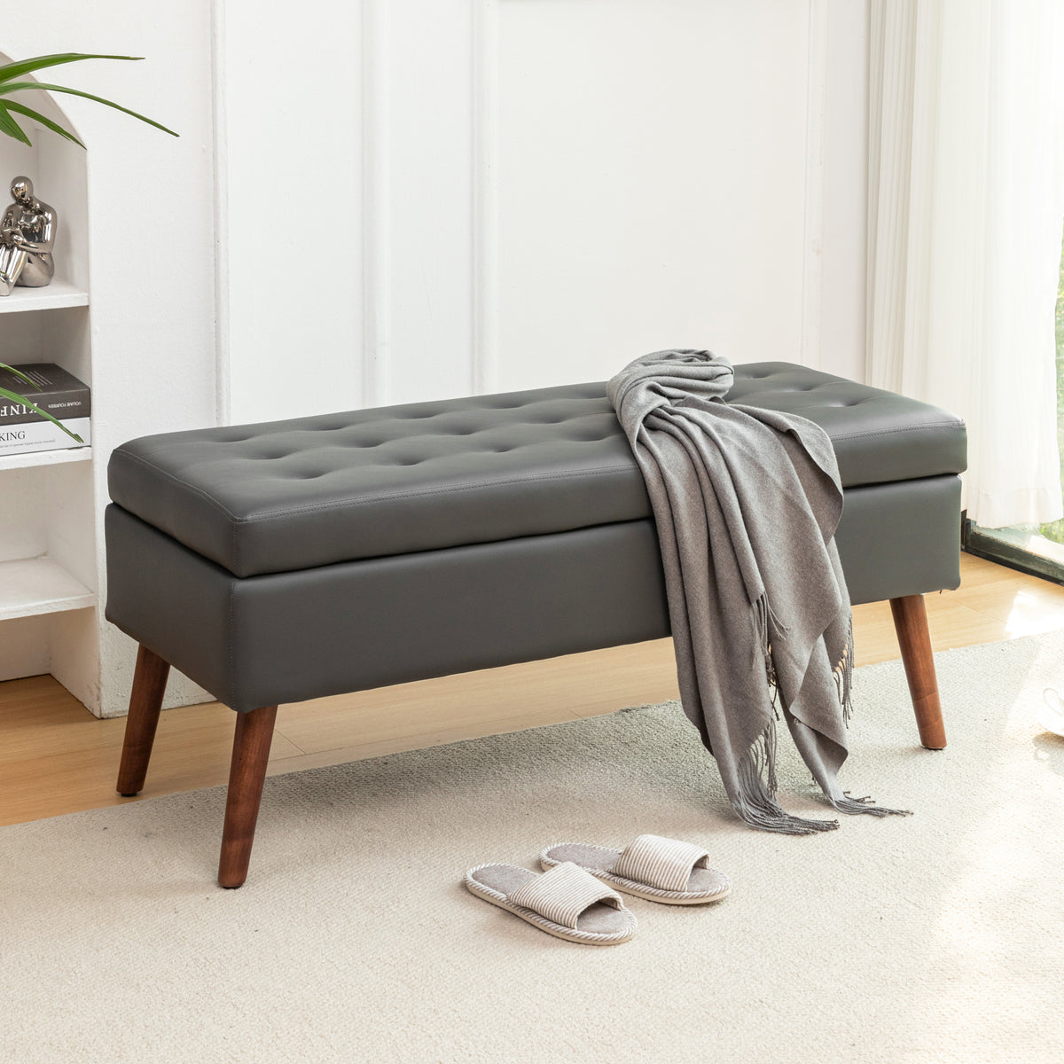 Storage Bench with Storage Bench for Bedroom End of Bed Bench Foot of Bed Bench Entryway Bench Storage Ottoman Bench 43.3' W x 17.7' Dark Grey Leather Bench