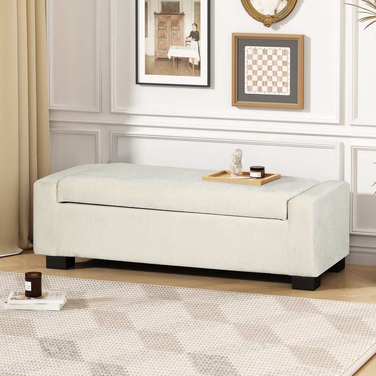 50' Ottoman Bench in Textured Fabric, Rectangular Design with Hinged Lid for Seating, Footrest, and Hidden Storage, Perfect for Living Room, Bedroom, or Entryway