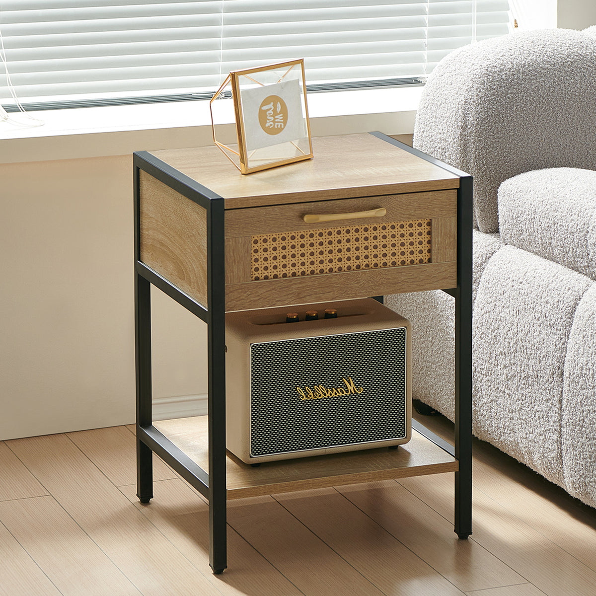 15.74' Rattan End table with  drawer, Modern nightstand, metal legs,side table for living room, bedroom,natural(1 pc)
